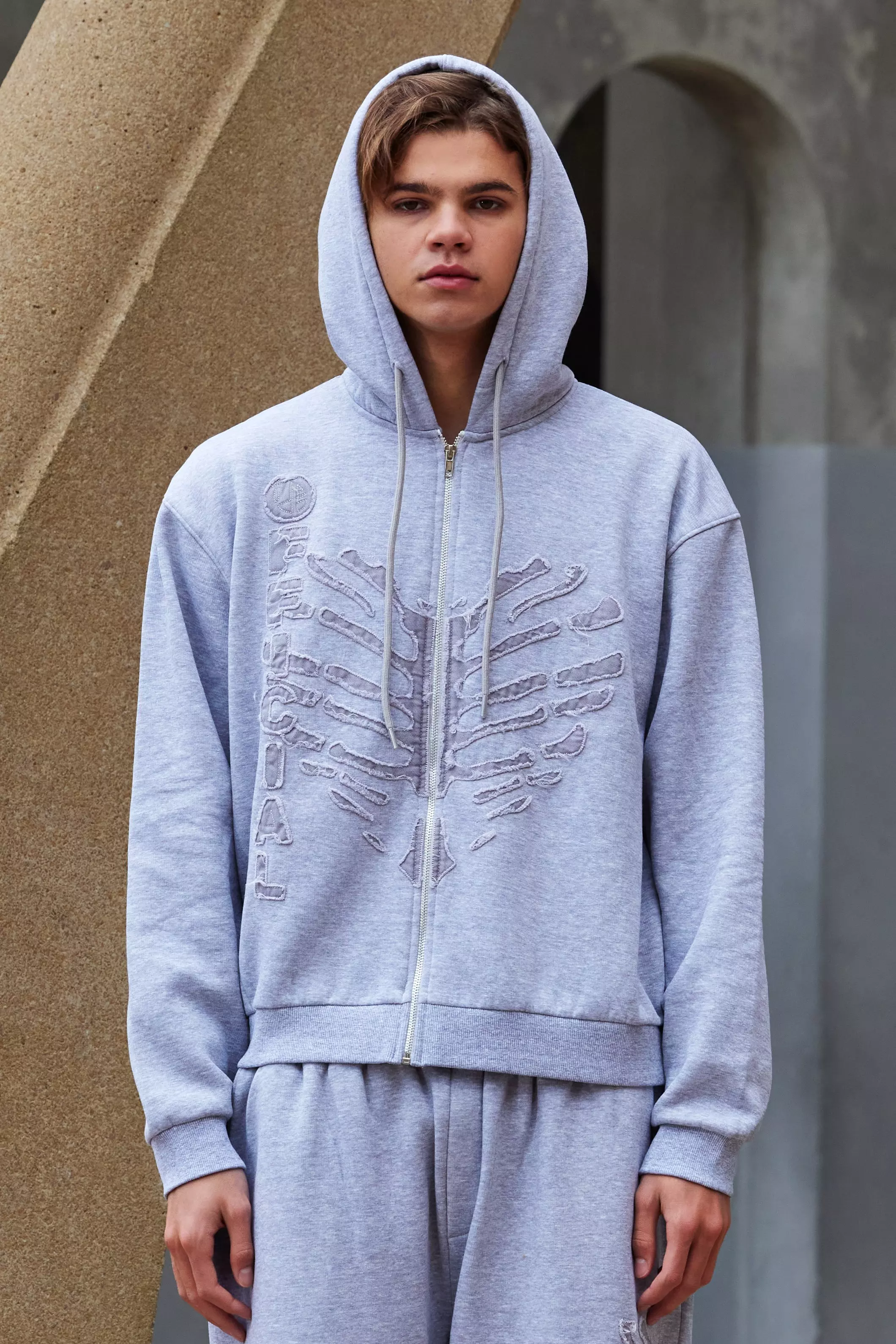 Oversized Boxy Distressed Applique Zip Hoodie | boohooMAN USA